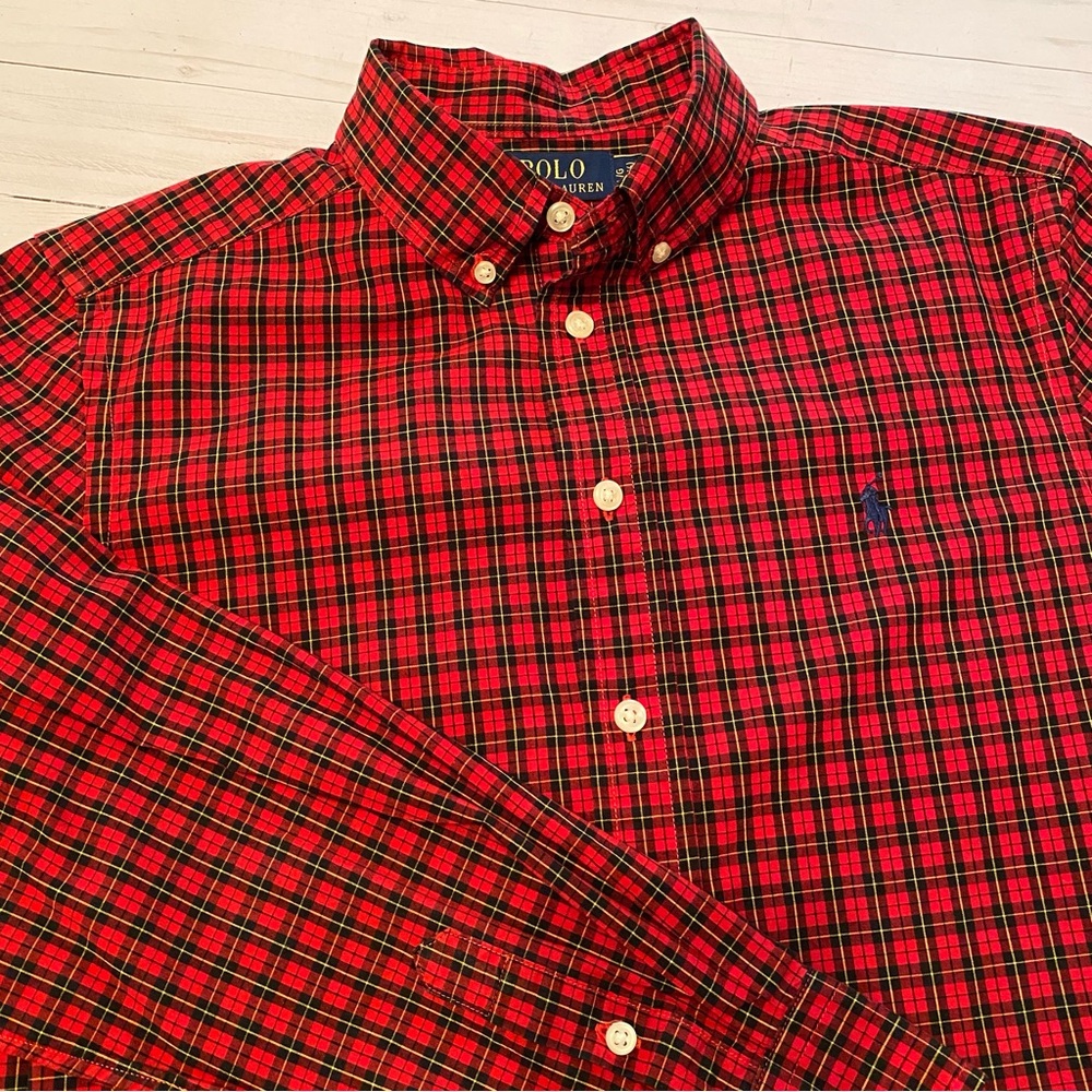 Boys POLO RALPH LAUREN long sleeve button down tartan plaid shirt Size L (14-16)